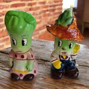 Vintage Anthropomorphic 1950's Cabbage/Lettuce Head Salt and Pepper Shakers